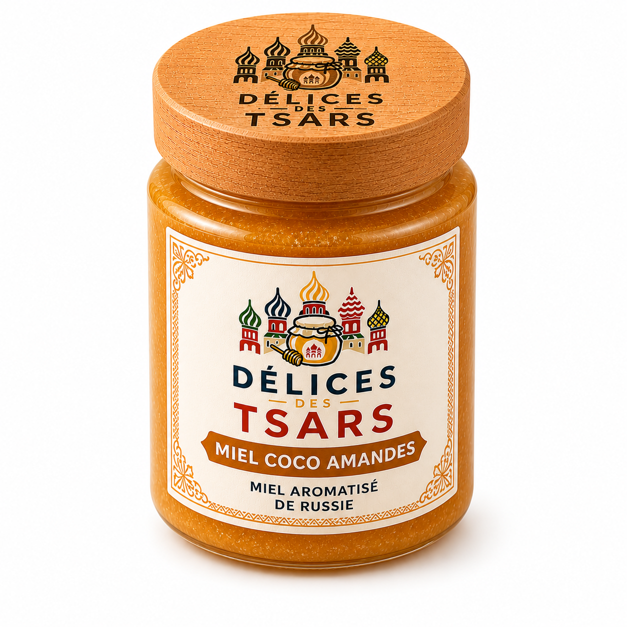 Miel de tilleul de Russie coco amande 150 g Délices des Tsars sur fond blanc