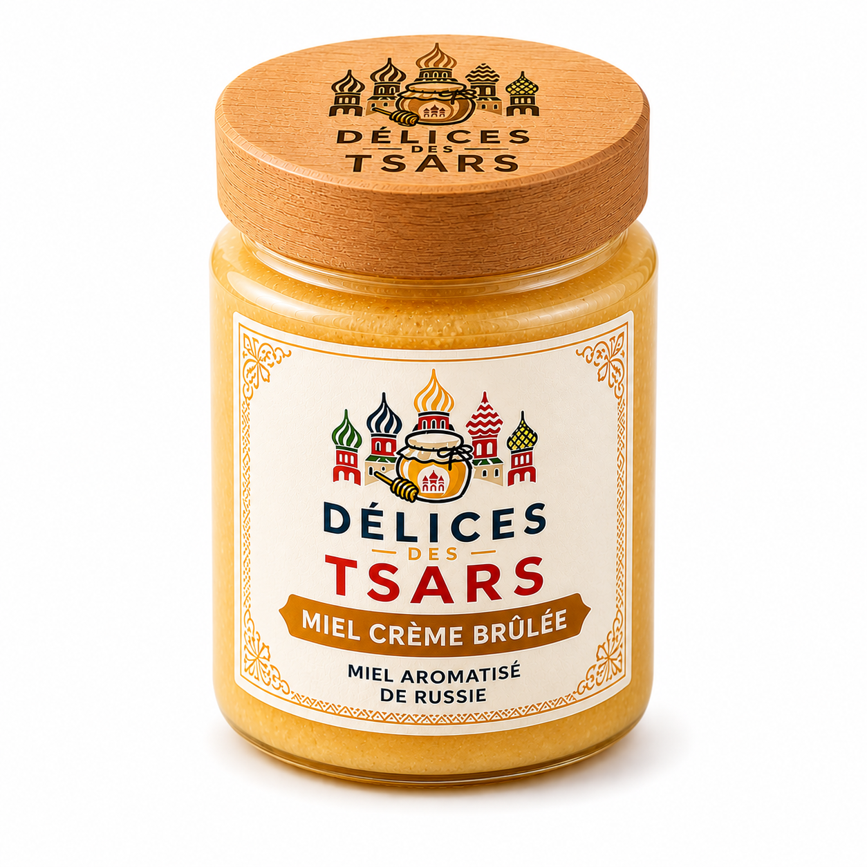Miel de tilleul de Russie crème brûlée 150 g Délices des Tsars sur fond blanc