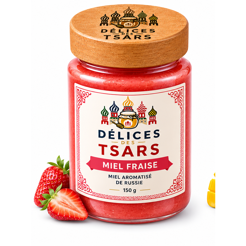 Miel de tilleul de Russie fraise 150 g Délices des Tsars sur fond blanc