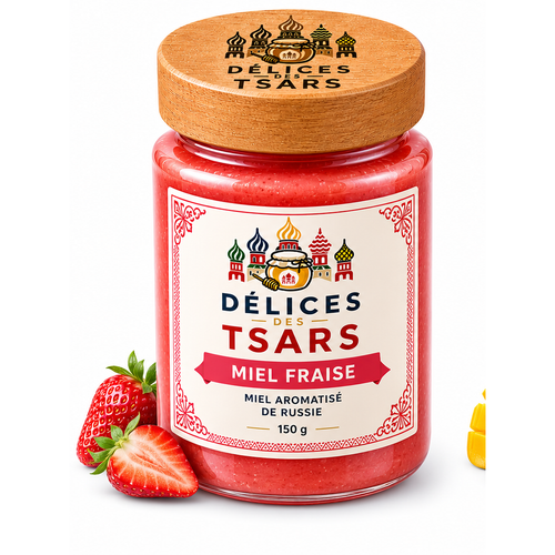 Miel de tilleul de Russie fraise 150 g Délices des Tsars sur fond blanc