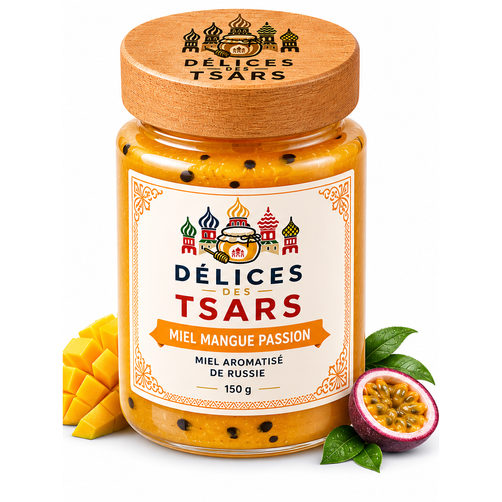 Miel de tilleul de Russie mangue passion 150 g Délices des Tsars sur fond blanc