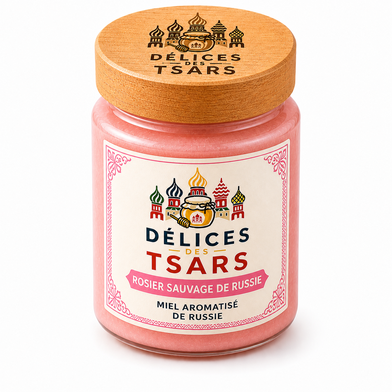 Miel au rosier sauvage de Russie 150 g Délices des Tsars sur fond blanc