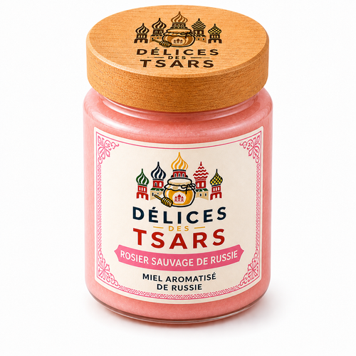 Miel au rosier sauvage de Russie 150 g Délices des Tsars sur fond blanc